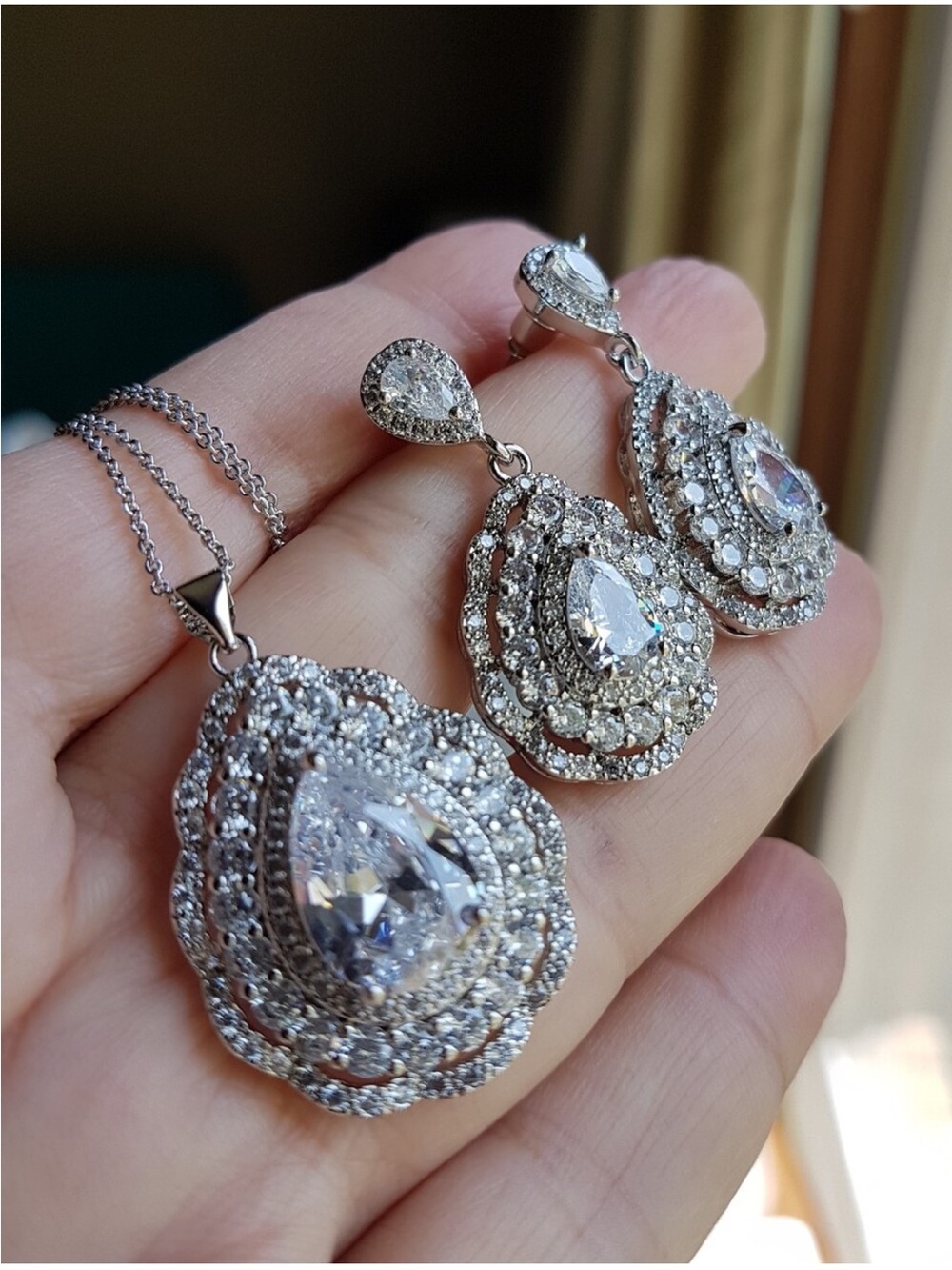 Swarovski Elements 925 Sterling Silver Teardrop Necklace & Earrings SET NEW